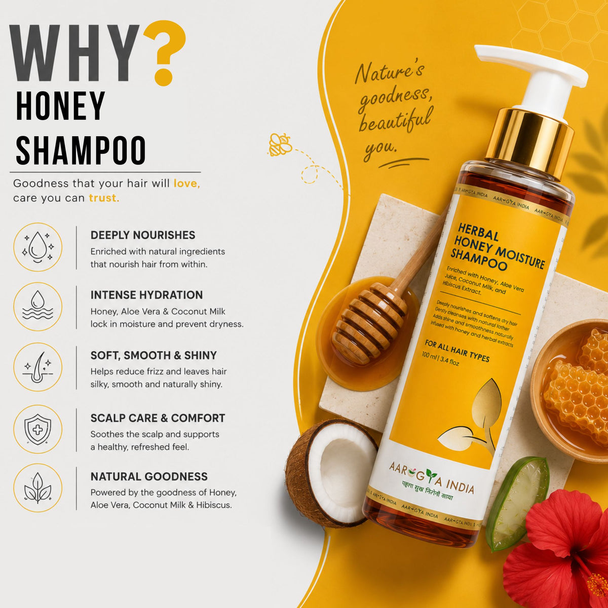Herbal Honey Moisture Shampoo | Deep Hydration & Hair Nourishment | Honey, Aloe Vera & Herbal Extracts | Reduces Dryness, Smoothens Hair & Adds Shine | Sulfate Free Daily Care Shampoo for Men & Women Pack of 2
