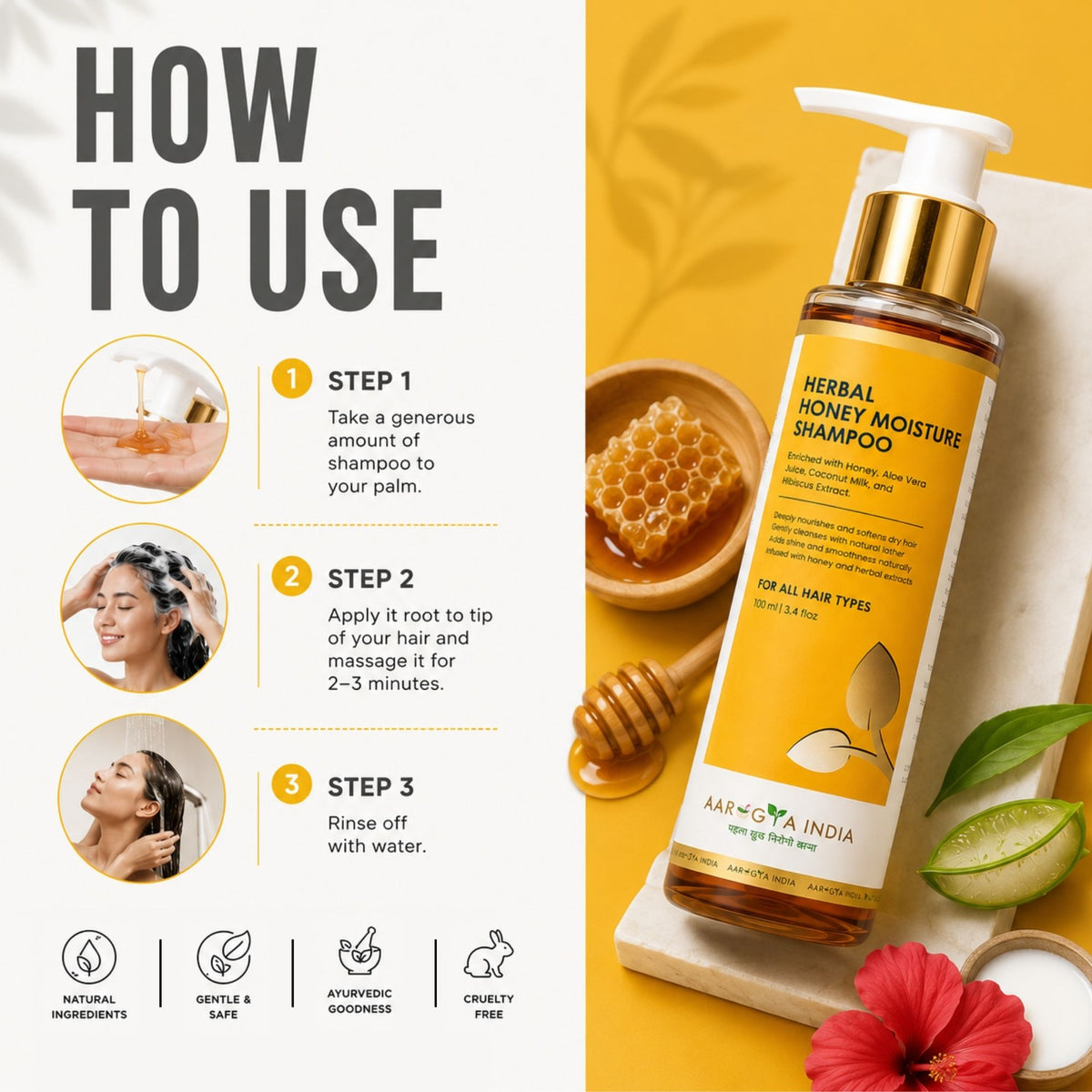 Herbal Honey Moisture Shampoo | Deep Hydration & Hair Nourishment | Honey, Aloe Vera & Herbal Extracts | Reduces Dryness, Smoothens Hair & Adds Shine | Sulfate Free Daily Care Shampoo for Men & Women Pack of 2