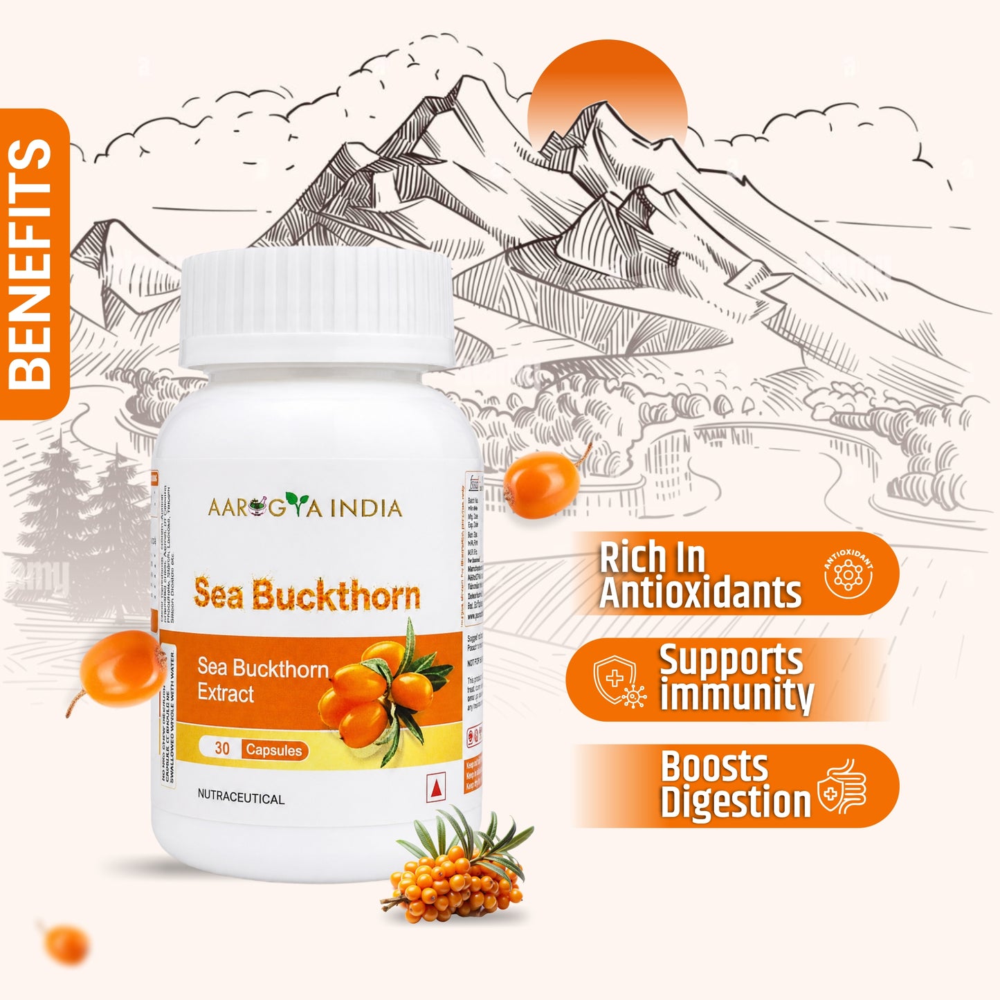 Sea Buckthorn Capsules | Sea Buckthorn Extract For Immunity, Liver, Heart, Skin & Energy Support | Rich in Omega 3, 6, 7 & 9 with Vitamin C & E | Super Antioxidant Wellness
