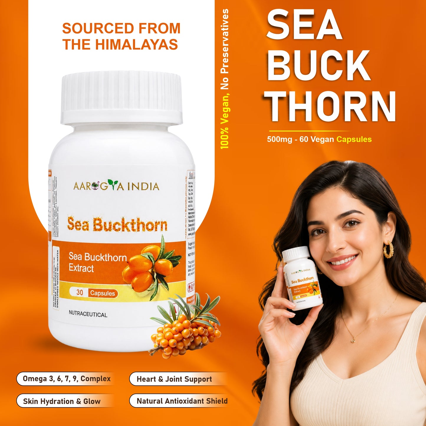 Sea Buckthorn Capsules | Sea Buckthorn Extract For Immunity, Liver, Heart, Skin & Energy Support | Rich in Omega 3, 6, 7 & 9 with Vitamin C & E | Super Antioxidant Wellness