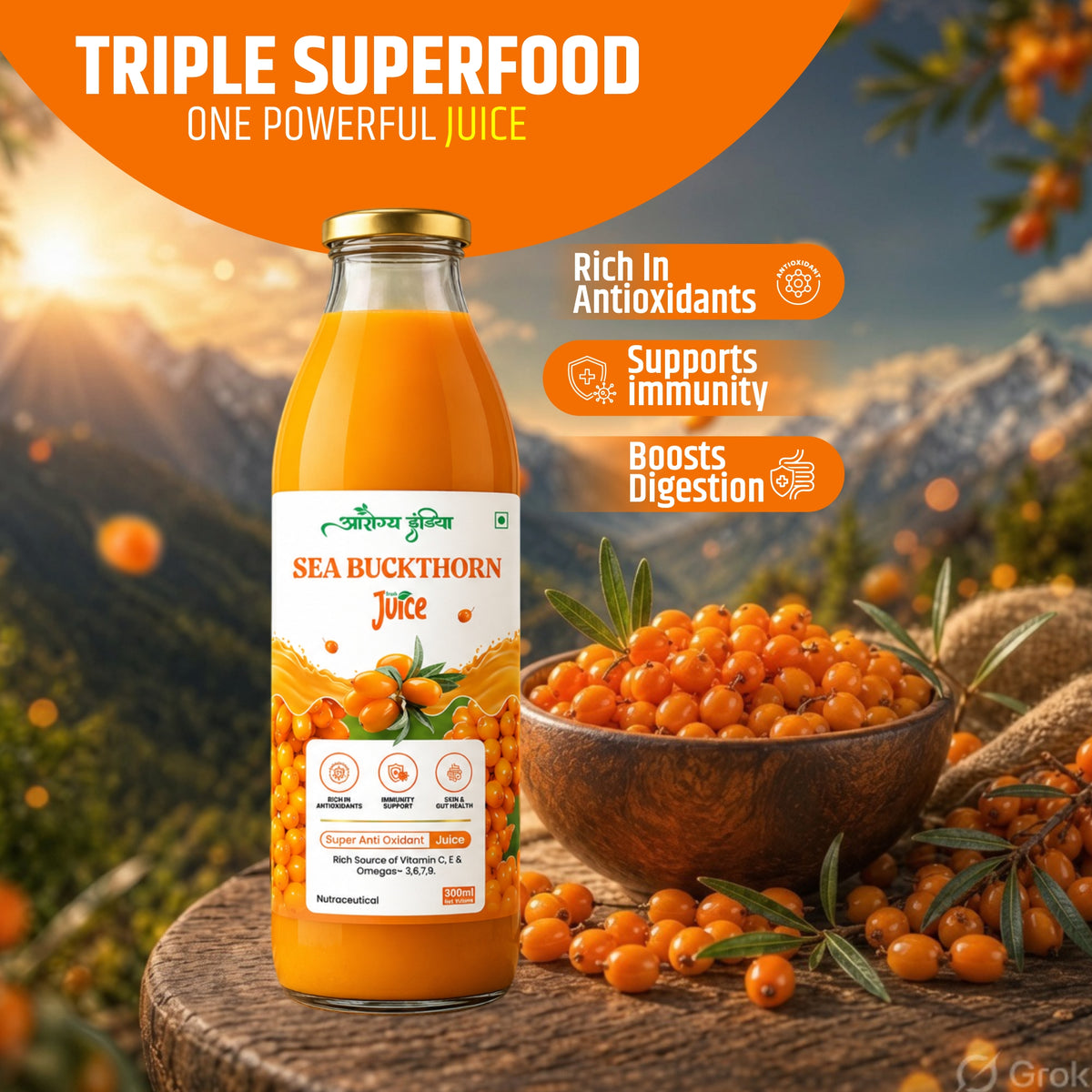 Aarogya Sea Buckthorn Juice 500ML – Immunity Booster, Gut, Heart, and Skin Health Premium Pack