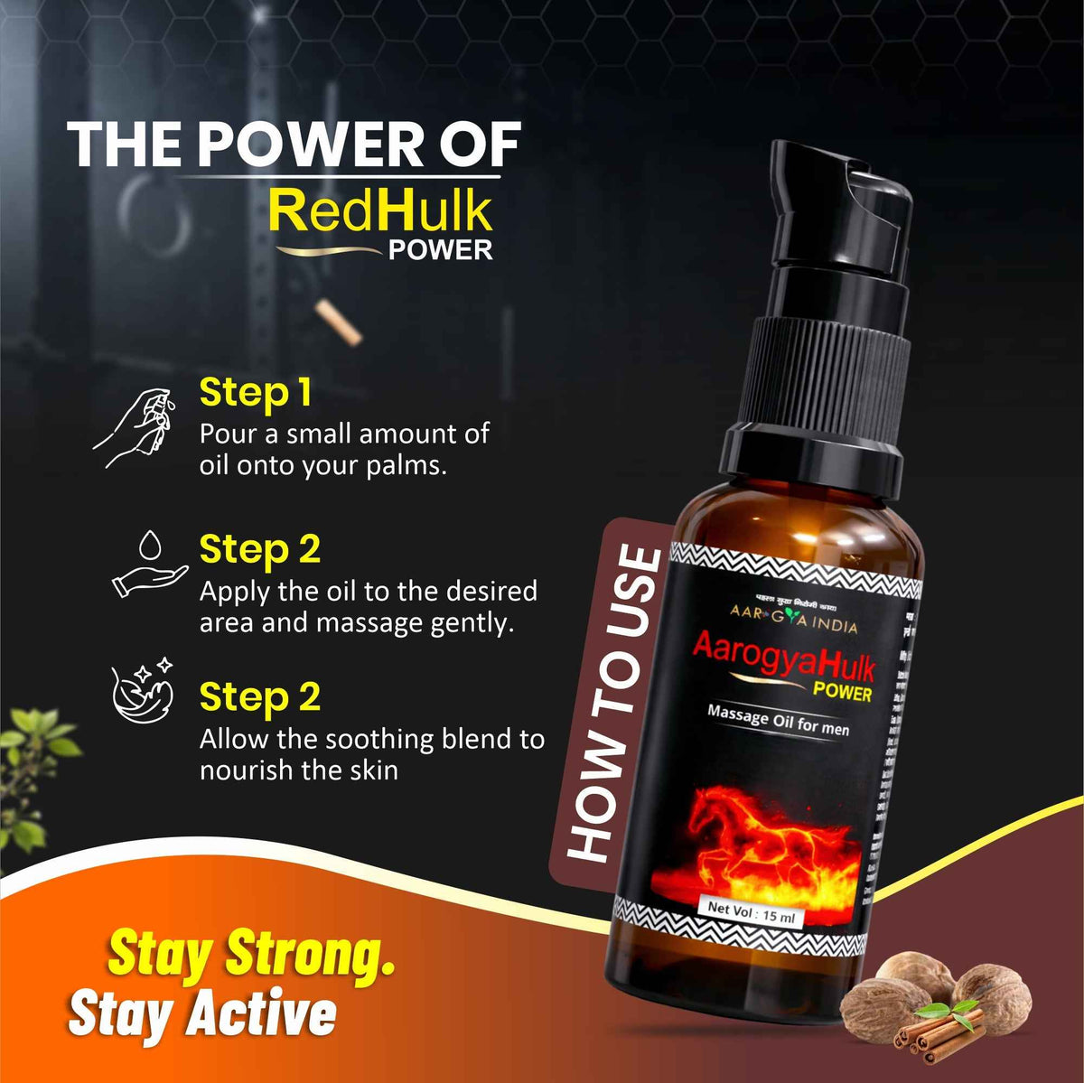 AarogyaHulk Ayurvedic Vitality Massage Oil for Men | Herbal Body Massage Oil for Strength & Stamina Support | 100% Ayurvedic Ingredients | 15 ml