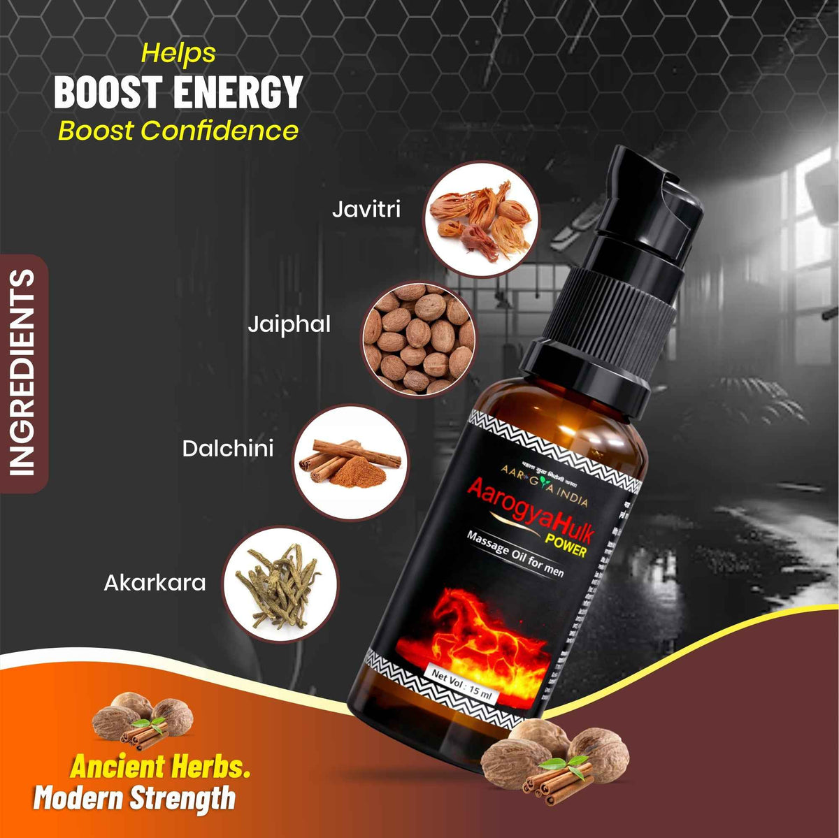 AarogyaHulk Ayurvedic Vitality Massage Oil for Men | Herbal Body Massage Oil for Strength & Stamina Support | 100% Ayurvedic Ingredients | 15 ml